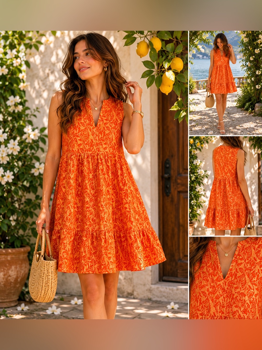 THML Orange Textured Tiered Dress Medium Boho Sleeveless V-Neck summer Chic